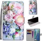 Voor Samsung Galaxy Note20 Gekleurde Tekening Cross Textuur Horizontale Flip PU Lederen Case met Houder & Kaartsleuven & Portemonnee & Lanyard (Lichtroze Boeket)