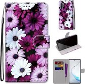 Voor Samsung Galaxy Note10 + Gekleurde tekening Cross Texture Horizontale Flip PU lederen tas met houder & kaartsleuven & portemonnee & lanyard (Chrysanthemum Pink White Purple)