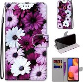 Voor Samsung Galaxy A20s Gekleurde tekening Cross Texture Horizontale Flip PU lederen tas met houder & kaartsleuven & portemonnee & lanyard (Chrysanthemum Pink White Purple)