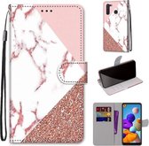 Voor Samsung Galaxy A21 Gekleurde tekening Cross Texture Horizontale Flip PU lederen tas met houder & kaartsleuven & portemonnee & lanyard (stiksel roze steen patroon)