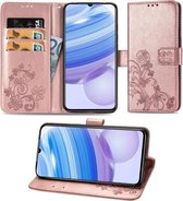 Voor Xiaomi Redmi 10X Pro 5G / 10X 5G Vierbladige sluiting Reliëfgesp Mobiele telefoonbescherming Leren hoes met Lanyard & Card Slot & Wallet & Bracket-functie (Rose Gold)