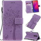 Tree & Cat Pattern Pressed Printing Horizontale Flip PU lederen tas met houder & kaartsleuven & portemonnee & lanyard voor Xiaomi Mi 9T & Mi 9T Pro & Redmi K20 & K20 Pro (lichtpaars)