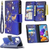 Voor Samsung Galaxy A21s Gekleurde Tekening Patroon Rits Horizontale Flip Leren Case met Houder & Kaartsleuven & Portemonnee (Paarse Vlinder)