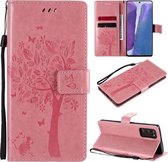 Voor Samsung Galaxy Note20 Boom & Kat Patroon Geperst Afdrukken Horizontale Flip PU Lederen Case met Houder & Kaartsleuven & Portemonnee & Lanyard (Roze)