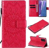 Voor Samsung Galaxy Note20 Reliëf Zonnebloem Patroon Horizontale Flip PU Lederen Case met Houder & Kaartsleuven & Portemonnee & Lanyard (Rood)