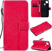 Voor Xiaomi Redmi 9C Tree & Cat Pattern Pressed Printing Horizontale Flip PU Leather Case met houder & kaartsleuven & portemonnee & Lanyard (Rose Red)