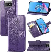 Voor Asus Zenfone 7 Pro ZS671KS Butterfly Love Flower Reliëf Horizontale Flip Leren Case met Beugel / Kaartsleuf / Portemonnee / Lanyard (Donkerpaars)