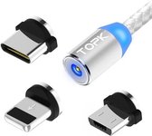 TOPK 1 m 2,4 A max USB naar 8-pins + USB-C / Type-C + micro-USB nylon gevlochten magnetische oplaadkabel met LED-indicator (zilver)