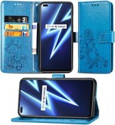 Voor OPPO Realme 6 Pro vierbladige sluiting reliëf gesp mobiele telefoon bescherming lederen tas met lanyard & kaartsleuf & portemonnee & beugel functie (blauw)