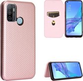 Voor OPPO A53 / A32 (2020) Koolstofvezel Textuur Magnetische Horizontale Flip TPU + PC + PU lederen tas met kaartsleuf en lanyard (roze)