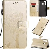 Voor Galaxy A21 Tree & Cat Pattern Pressed Printing Horizontale Flip PU lederen tas met houder & kaartsleuven & portemonnee & lanyard (goud)