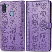 Voor Galaxy M11 Lovely Cat and Dog Embossing Pattern Horizontale Flip Leather Case, met houder & kaartsleuven & portemonnee & Cartoon sluiting & Lanyard (paars)