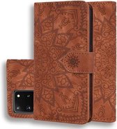 Voor Samsung Galaxy S20 Ultra Reliëf Zonnebloem Patroon Horizontale Flip PU Lederen Case met Houder & Kaartsleuven & Portemonnee & Lanyard (Bruin)