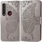 Voor Moto G8 Plus Butterfly Love Flower Reliëf Horizontale Flip Leren Case met Beugel / Kaartsleuf / Portemonnee / Lanyard (Grijs)