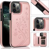 Vlinders Bloemen Dubbele Gesp PU + TPU Beschermhoes met Houder & Kaartsleuven & Fotolijst Voor iPhone 12 Pro Max (Rose Goud)