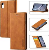 LC.IMEEKE Sterk magnetisme Ultradunne horizontale flip schokbestendige matte TPU + PU lederen tas met houder & kaartsleuven en portemonnee voor iPhone XR (bruin)