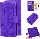 Voor iPhone 6s / 6 Tiger Embossing Pattern Horizontale Flip lederen hoes met houder & kaartsleuven & portemonnee (paars)