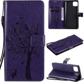 Voor Huawei Enjoy 20 5G Tree & Cat Pattern Pressed Printing Horizontale Flip PU Leather Case met houder & kaartsleuven & portemonnee & Lanyard (paars)