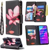 Voor Huawei Honor 9A Gekleurde Tekening Patroon Rits Horizontale Flip Lederen Case met Houder & Kaartsleuven & Portemonnee (Lotus)