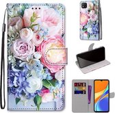 Voor Geschikt voor Xiaomi Redmi 9C Gekleurde Tekening Cross Textuur Horizontale Flip PU Lederen Case met Houder & Kaartsleuven & Portemonnee & Lanyard (Lichtroze Boeket)