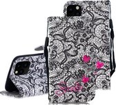 Voor iPhone 12/12 Pro 3D Geschilderd Patroon Horizontale Leren Flip Case met Houder & Portemonnee & Kaartsleuf & Lanyard (Lace Flower)