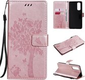 Voor OPPO Reno4 Pro 4G Tree & Cat Pattern Pressed Printing Horizontale Flip PU Leather Case met houder & kaartsleuven & portemonnee & Lanyard (Rose Gold)