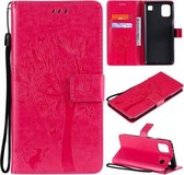 Voor LG K92 5G Tree & Cat Pattern Pressed Printing Horizontale Flip PU Leather Case met houder & kaartsleuven & portemonnee & Lanyard (Rose Red)