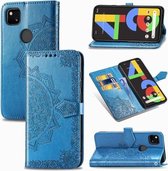 Voor Google Pixel 4a Mandala bloem reliëf horizontale flip lederen tas met beugel / kaartsleuf / portemonnee / lanyard (blauw)