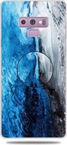 Voor Galaxy Note 9 reliëf gelakt marmer TPU beschermhoes met houder (donkerblauw)