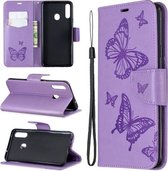 Voor Galaxy A20s Two Butterflies Embossing Pattern Horizontale Flip Leather Case met houder & kaartsleuf & portemonnee & lanyard (paars)