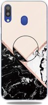 Voor Galaxy A40 reliëf gelakt marmer TPU beschermhoes met houder (zwart wit roze)