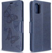 Voor Galaxy A51 Embossing Two Butterflies Pattern Horizontale Flip PU Leather Case met houder & kaartsleuf & portemonnee & Lanyard (blauw)