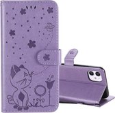 Voor iPhone 11 Cat Bee Embossing Pattern Schokbestendig horizontaal Flip lederen hoesje met houder & kaartsleuven & portemonnee (paars)