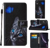 Voor iPhone XR Cross Texture Painting Pattern Horizontale Flip Leather Case met Houder & Kaartsleuven & Portemonnee & Lanyard (Blue Butterfly Cats Eye)