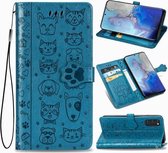 Voor Galaxy S20 schattige kat en hond reliëf horizontale flip lederen tas met beugel / kaartsleuf / portemonnee / lanyard (blauw)
