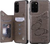Voor Galaxy S20 Plus vlinder reliëfpatroon schokbestendig beschermhoes met houder & kaartsleuven & fotolijst (grijs)