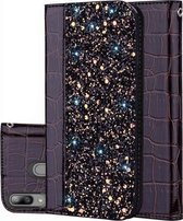 Krokodiltextuur Glitterpoeder Horizontale lederen flip-hoes voor Galaxy A20E, met kaartsleuven en houder (zwart)