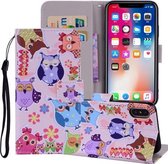 Gekleurde uilpatroon Gekleurde tekening Horizontale leren flip-hoes voor iPhone X / XS, met houder en kaartsleuven en portemonnee en draagkoord