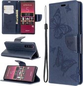Voor Sony Xperia 5 / XZ5 Embossing Two Butterflies Pattern Horizontale Flip PU Leather Case met houder & kaartsleuf & portemonnee & Lanyard (donkerblauw)