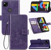 Voor Google Pixel 4A vierbladige gesp reliëf gesp mobiele telefoon bescherming lederen tas met lanyard & kaartsleuf & portemonnee & beugel functie (paars)