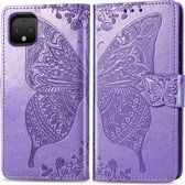 Butterfly Love Flowers Embossing Horizontale Flip Leather Case voor Google Pixel 4 met houder & kaartsleuven & portemonnee & lanyard (lichtpaars)
