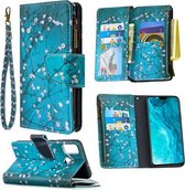 Voor Huawei Honor 9X Lite Gekleurde Tekening Patroon Rits Horizontale Flip Lederen Case met Houder & Kaartsleuven & Portemonnee (Pruimenbloesem)