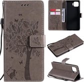 Voor OPPO F17 Pro / Reno4 Lite Tree & Cat Pattern Pressed Printing Horizontale Flip PU lederen tas met houder & kaartsleuven & portemonnee & lanyard (grijs)