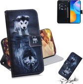 Voor Huawei P Smart 2021 / Y7a Gekleurde tekening Horizontale flip lederen tas, met houder & kaartsleuven en portemonnee (Wolf en hond)