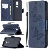 Voor Nokia 2.4 Twee vlinders reliëfpatroon Horizontale flip lederen tas met houder & kaartsleuf & portemonnee & lanyard (donkerblauw)