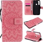 Voor Motorola One Fusion Plus Geperst Afdrukken Zonnebloempatroon Horizontale Flip PU-lederen hoes met houder & kaartsleuven & portemonnee & lanyard (roségoud)