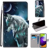 Voor Samsung Galaxy A52 5G Gekleurde Tekening Cross Textuur Horizontale Flip PU Lederen Case met Houder & Kaartsleuven & Portemonnee & Lanyard (Peinzende Wolf)