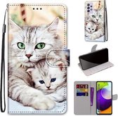 Voor Samsung Galaxy A52 5G Gekleurde Tekening Cross Textuur Horizontale Flip PU Lederen Case met Houder & Kaartsleuven & Portemonnee & Lanyard (Big Cat Holding Kitten)