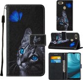 Voor Oppo A7 / A5S / A12 Cross Texture Painting Pattern Horizontale Flip Leather Case met Houder & Kaartsleuven & Portemonnee & Lanyard (Blue Butterfly Cat Eye)