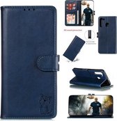 Voor Galaxy A21 reliëf Happy Cat-patroon horizontale flip lederen tas met houder & kaartsleuven en portemonnee (blauw)